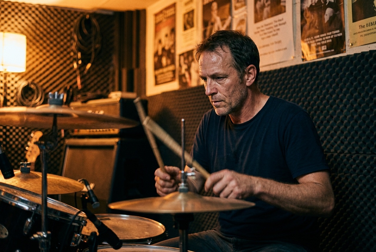 Karim, batteur, en répétition derrière sa batterie