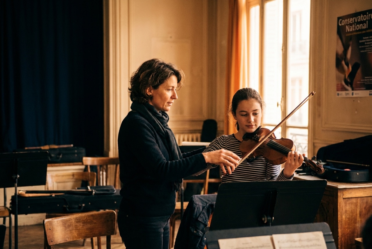 Sophie, violoniste, guide la main d'une élève