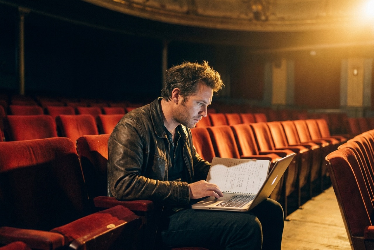 Thomas, comédien-musicien, seul dans une salle de théâtre avec un ordinateur