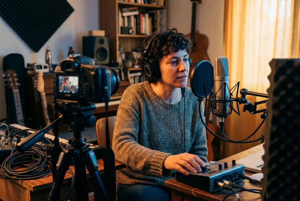 Inès, chanteuse, dans un petit home-studio au micro